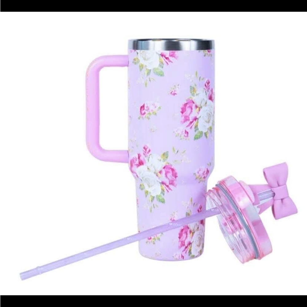 Floral Tumbler with Straw‎ and Handle